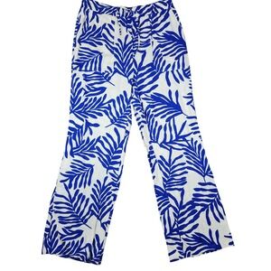Habitual Girl Pants Blue‎ White Tropical Palm Leaf Linen Blend Boho Large